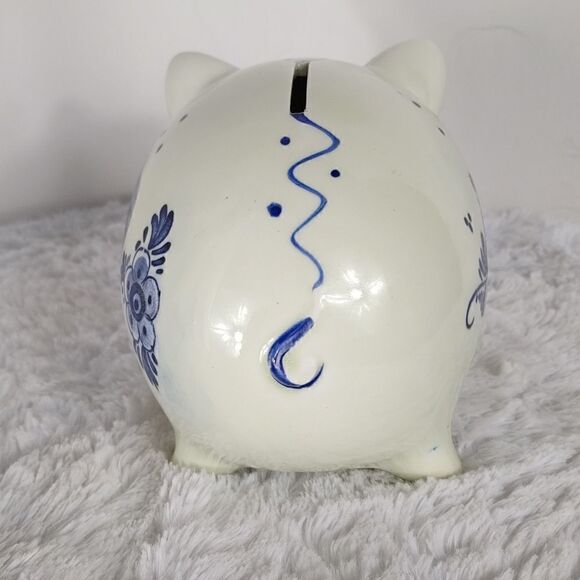 Vtg. Delft Blue Windmill Floral Piggy Bank - Picture 3 of 8